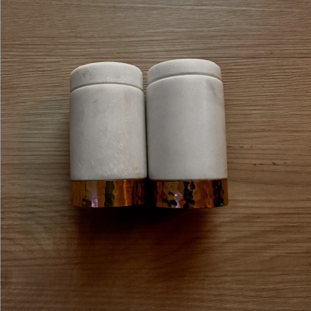 Threshold Marble Stone Salt and Pepper Shakers Hammered Gold Base Set